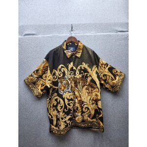 VTGTiger Print Button-Up Shirt XXL Impaq Sports Wear Black & Gold 100% Polyester